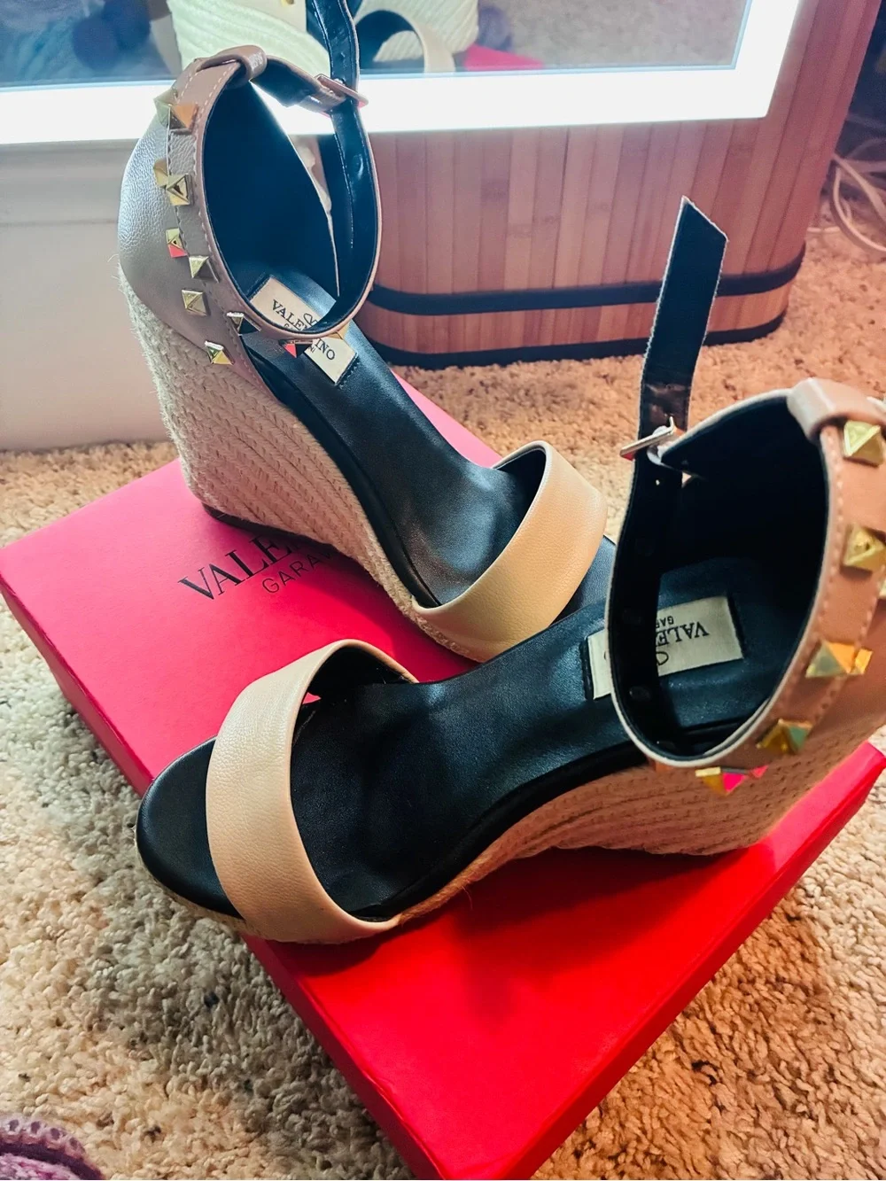 Beige Stud Ankle-Strap Wedge Sandals